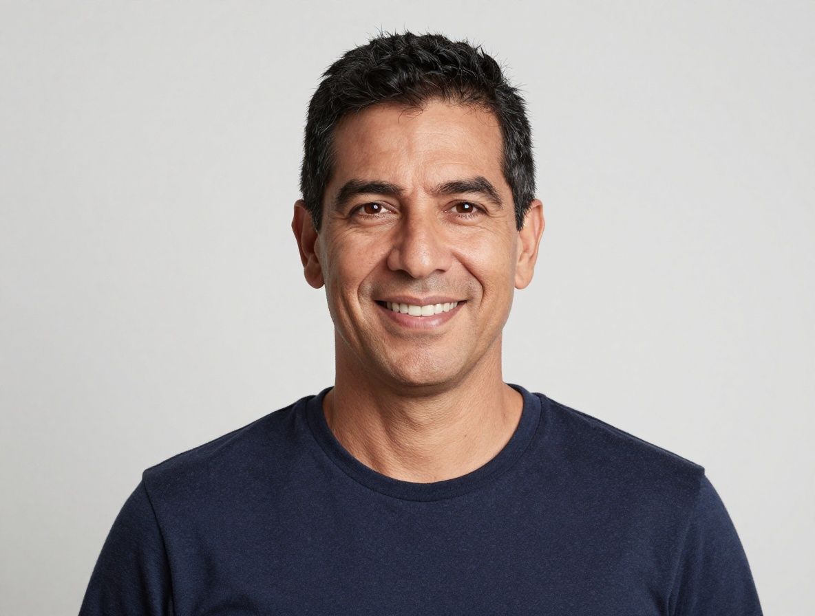 Retrato de Carlos A., hombre colombiano de mediana edad con expresión amigable y cabello entrecano