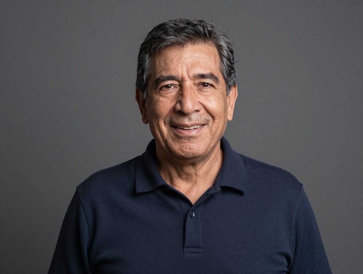 Retrato de Andrés V., hombre colombiano de unos 45 años con expresión activa y saludable al aire libre