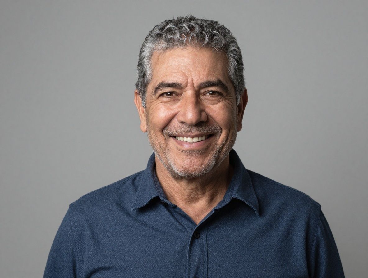 Retrato de Fernando L., hombre colombiano de unos 58 años con cabello gris y sonrisa cálida y espontánea