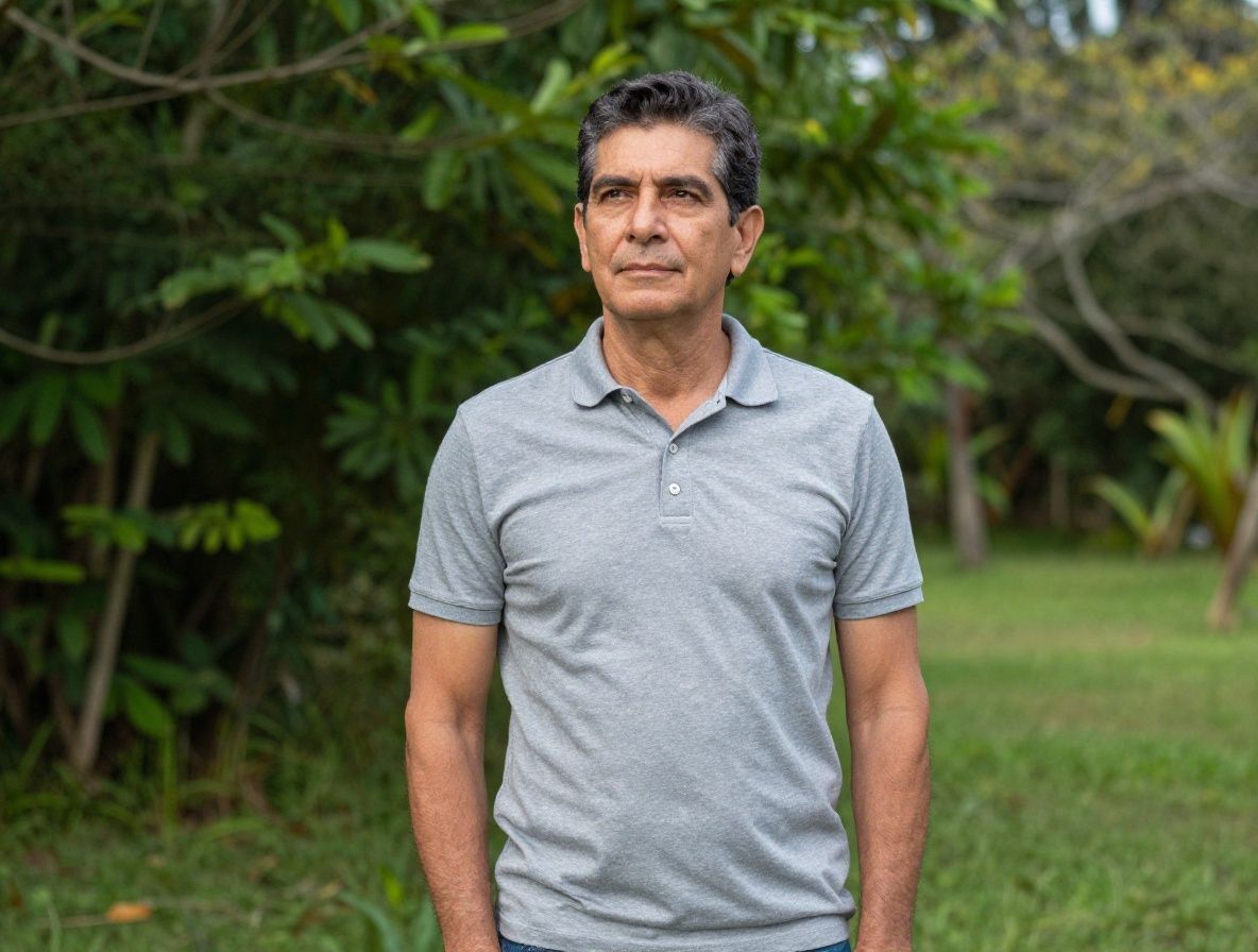 Hombre maduro de unos 50 años en postura erguida y confiada en un espacio verde al aire libre en Colombia, luz de la tarde iluminando su perfil, transmitiendo serenidad y bienestar general sin ningún contexto médico