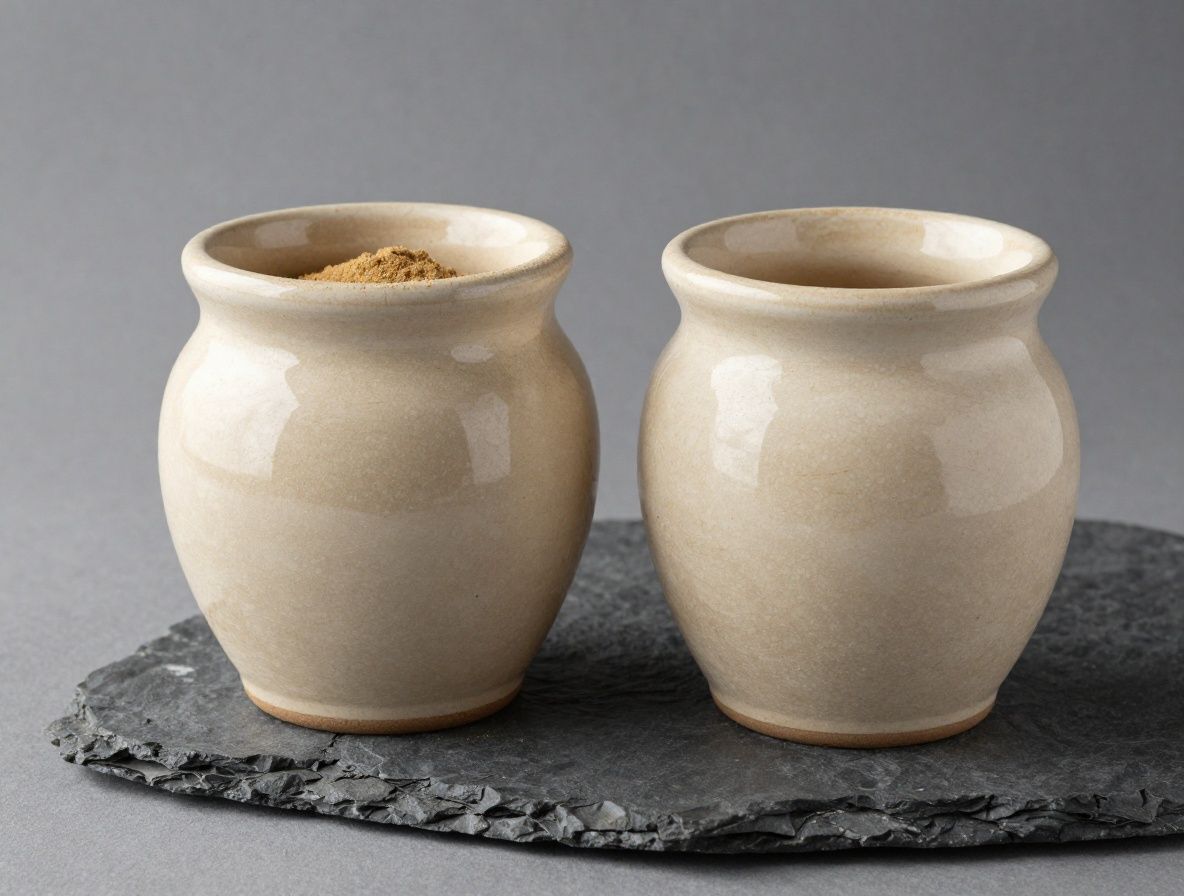 Maca andina en polvo color beige en un recipiente rústico de cerámica sobre superficie de piedra gris oscura, fotografiado con iluminación natural dramática que resalta la textura del polvo