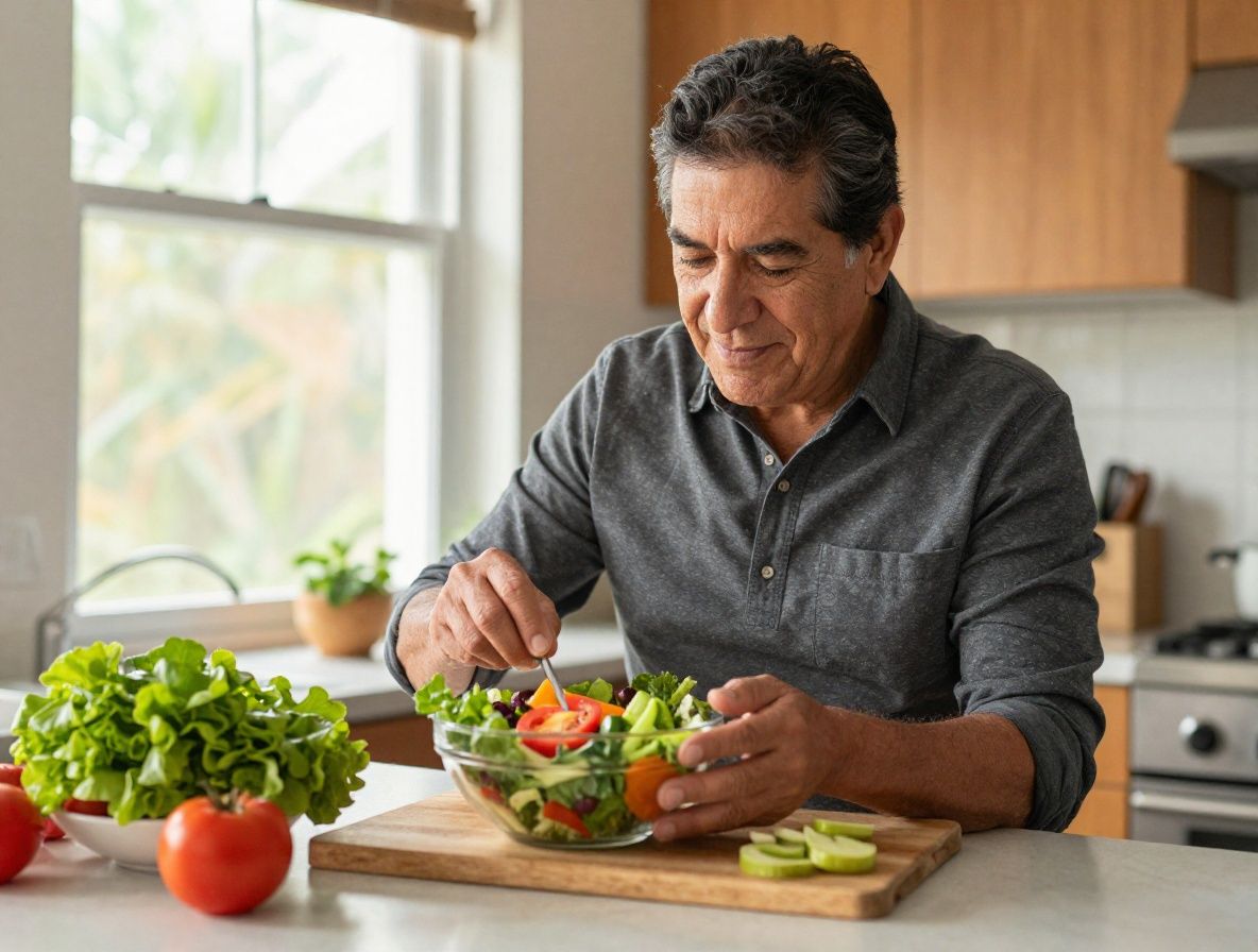 Hombre latino de unos 52 años en una cocina luminosa preparando una ensalada colorida con vegetales frescos, con expresión relajada y concentrada, con luz natural de la ventana