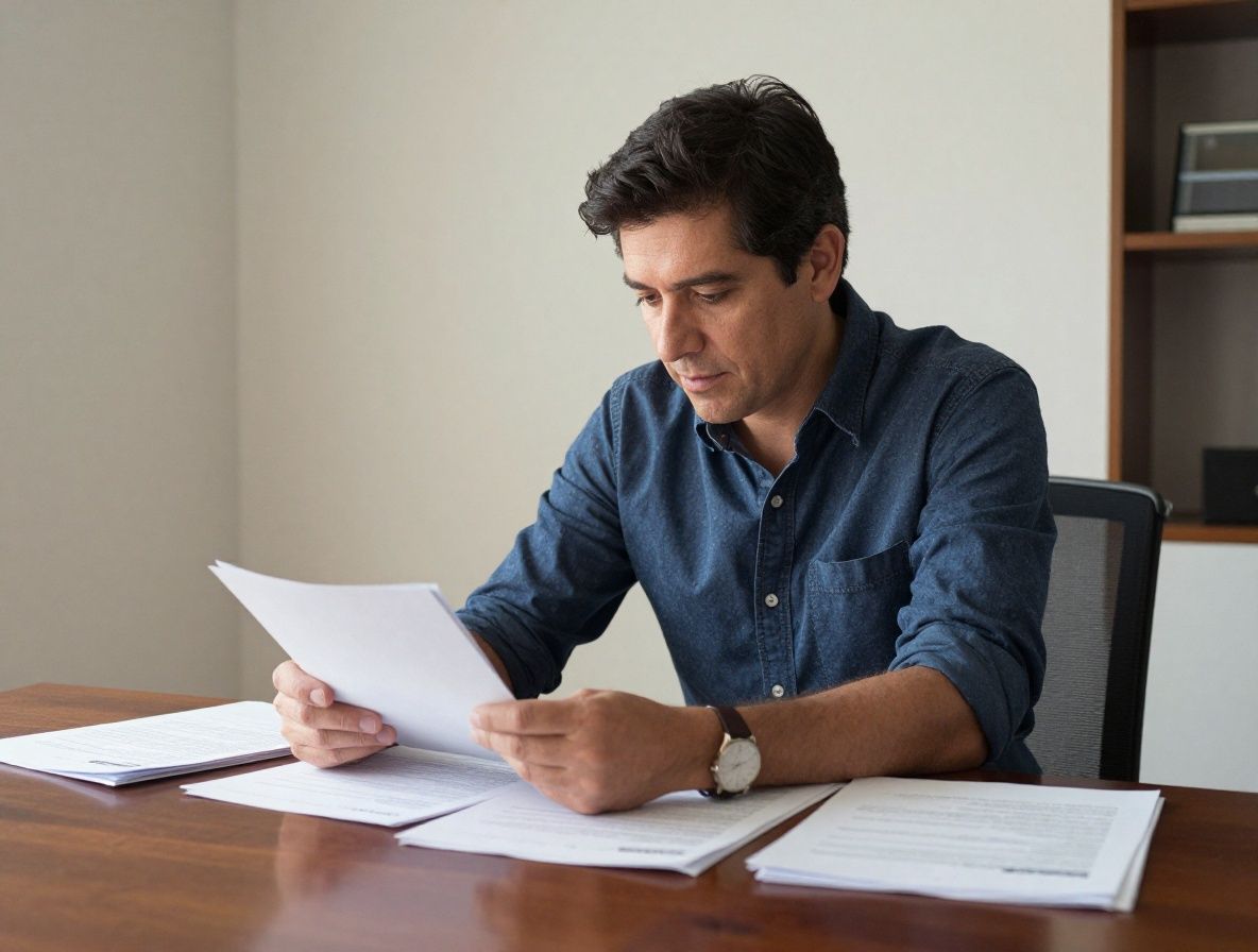 Hombre colombiano de unos 50 años sentado en un escritorio de madera con papeles y libros abiertos sobre nutrición y bienestar, iluminado por luz cálida de escritorio en un ambiente intelectual