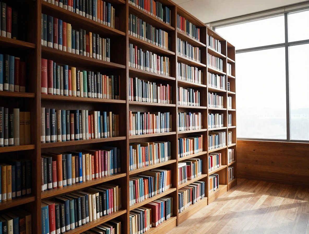 Biblioteca académica de madera oscura con filas de libros y luz dorada filtrada a través de ventanas altas, creando una atmósfera de conocimiento, estudio profundo e investigación intelectual seria